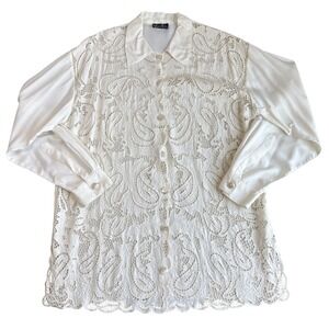 Lauren Nicole Cream Paisley Lace Button Up Shirt One Size Rayon Long Sleeve Boho